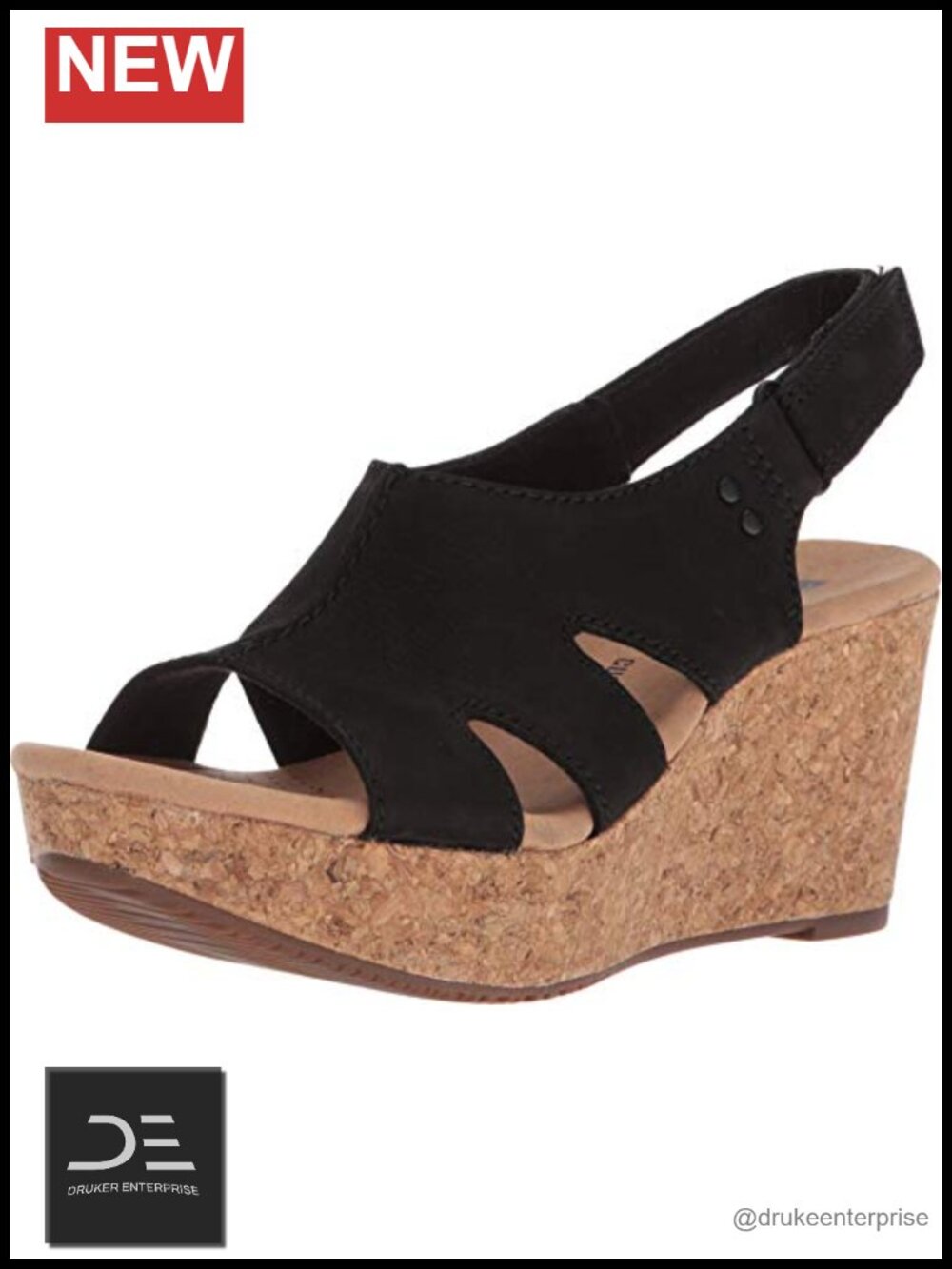 Black Leather Platform Sandals Adjustable Strap Cushion Soft